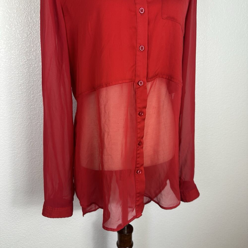 Free People Top Women Medium Red Long-sleeve Sheer Button Split Back Shirt - Picture 6 of 11